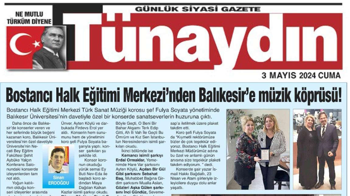 Türk Sanat Müziği Konserimiz Tünaydın Gazetesinde Yayınlandı